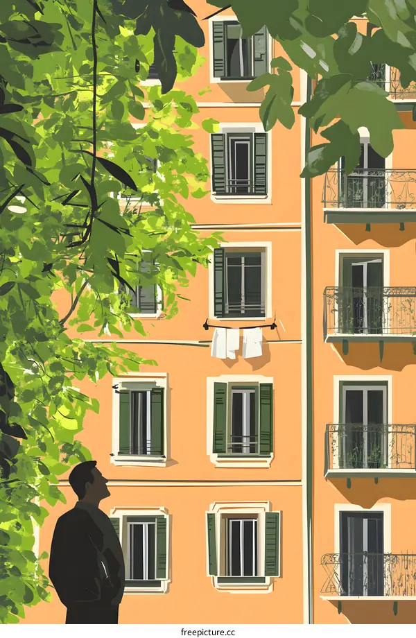 Man Looking at an Orange Building in a Green Tree
