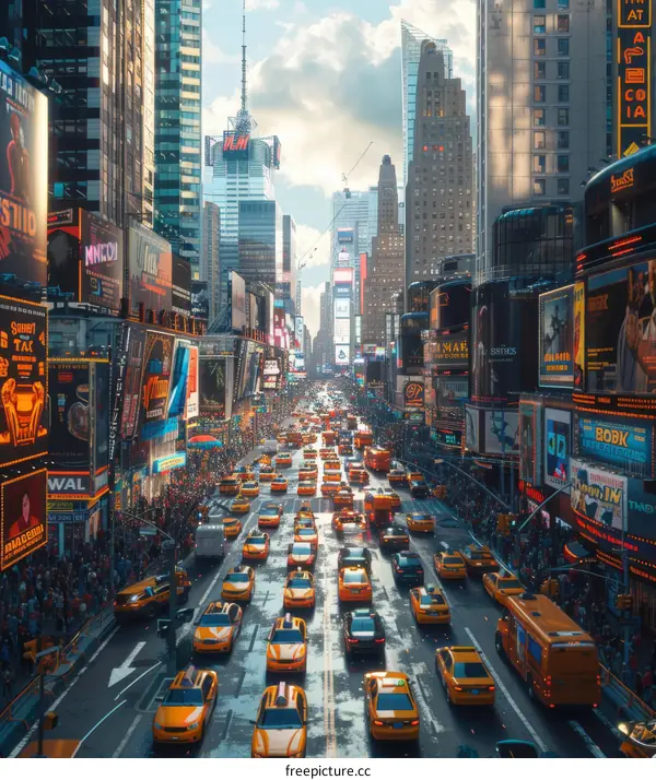 Crowded street scene with yellow taxis in New York City