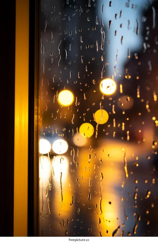 Rain Drops on Glass with Blurred Night City Lights Background