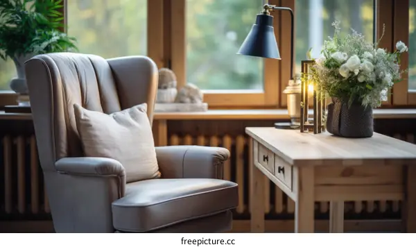 Leather Armchair in Home Office with Desk and Flowers