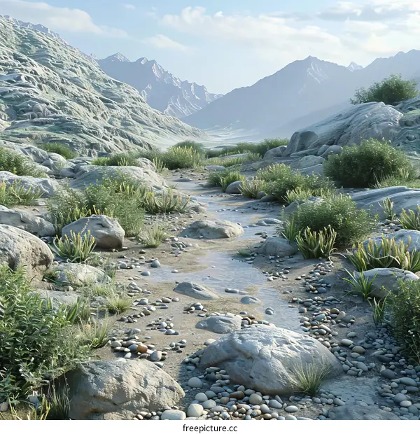 Arid Desert Riverbed with Sparse Vegetation