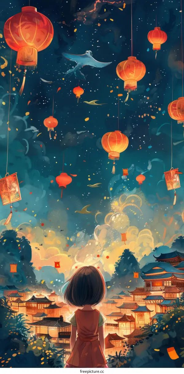 Girl Admiring Lantern Festival's Light Show