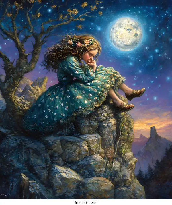 Young Girl Contemplating the Moon on a Clifftop