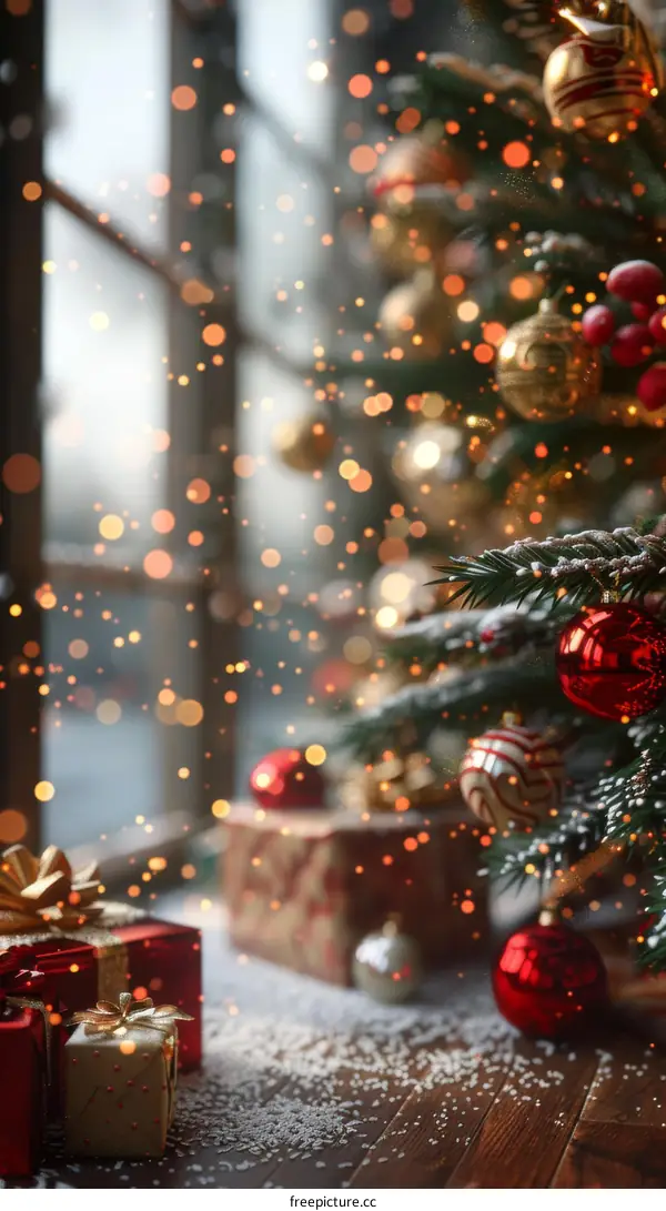 Christmas Decorations with Presents and Lights Blurred