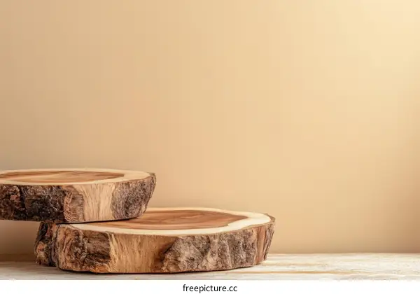Wooden Disc Display Stand Against Beige Background