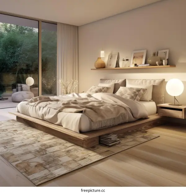 A bedroom with a large bed, a rug, and a nightstand.