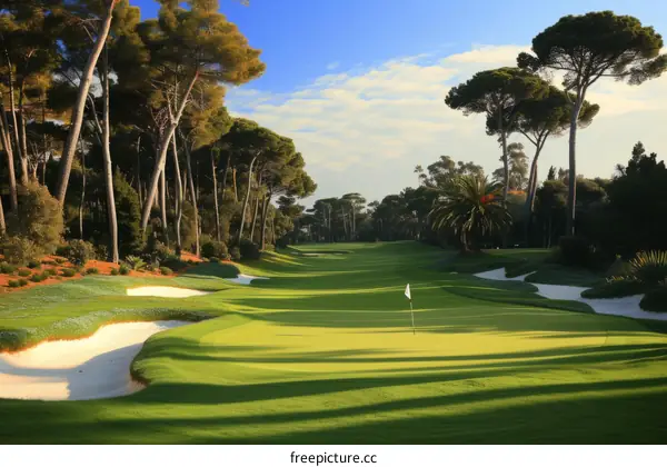Fairway of a golf course with green grass, sand bunkers, and trees
