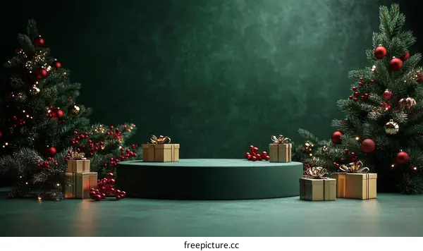 Christmas Scene with Gift Boxes on a Green Podium