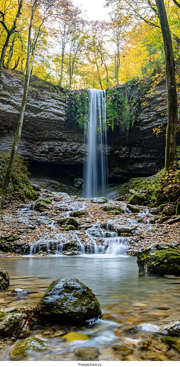 Waterfall in a Forest with Autumn Leaves