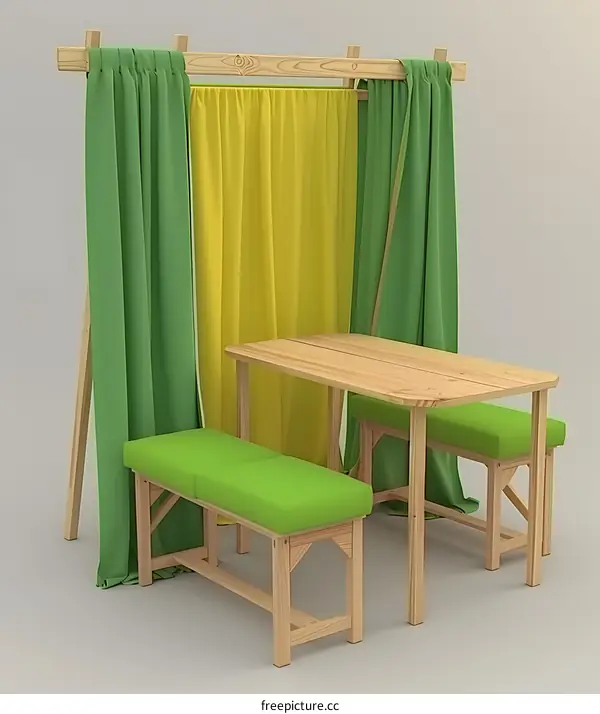 Wooden Table Set with Green and Yellow Curtains