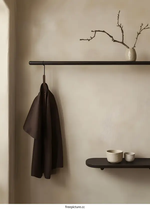 Minimalist Interior Design with Wooden Shelf and Coat Hanger