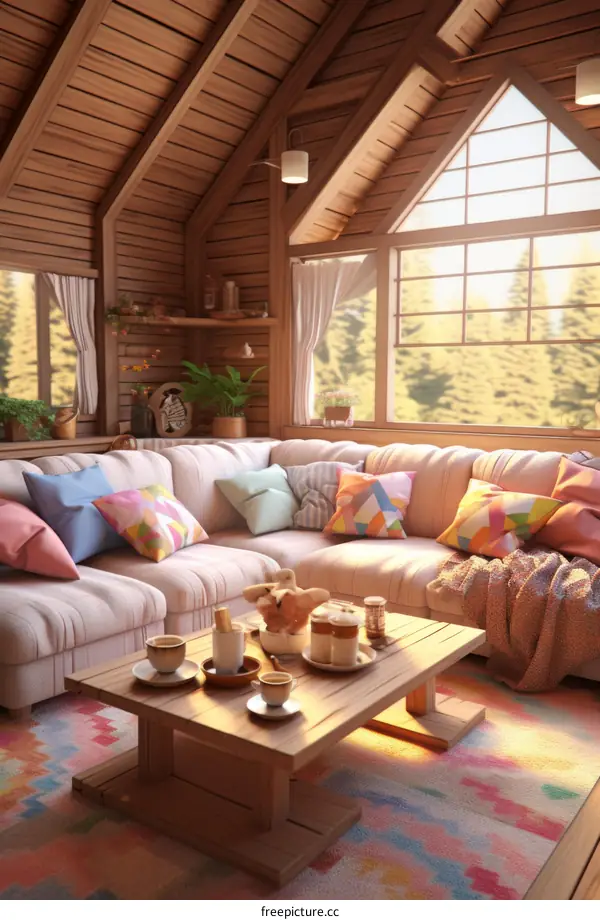 Cozy living room interior with large windows and a high ceiling