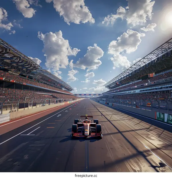 Formula One car racing down a track with grandstands on either side