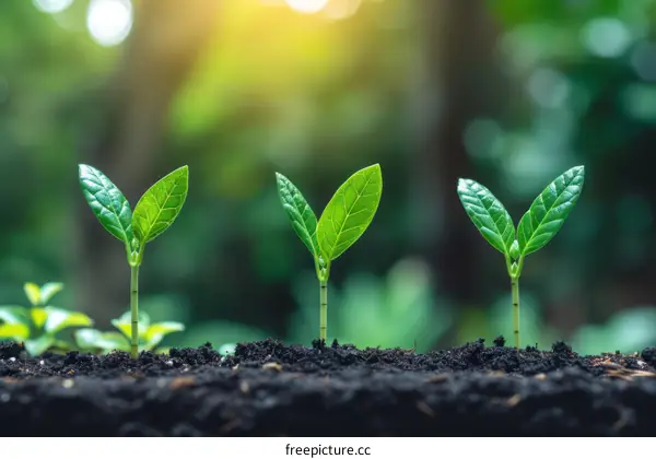 Three young plants growing in the soil with a blurred background of green leaves.