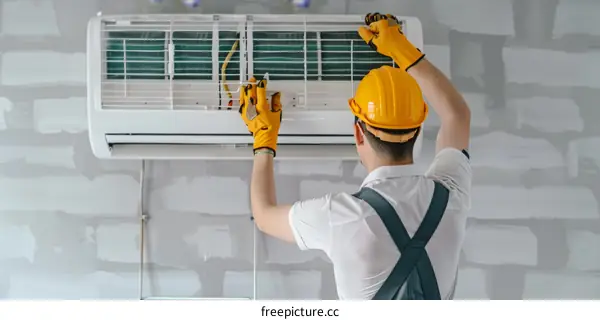 technician in white uniform and yellow hard hat installing air conditioner on brick wall