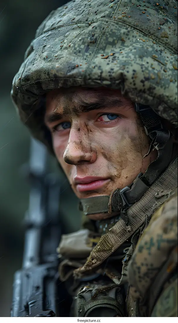 Portrait of a Soldier Covered in Mud and Rain