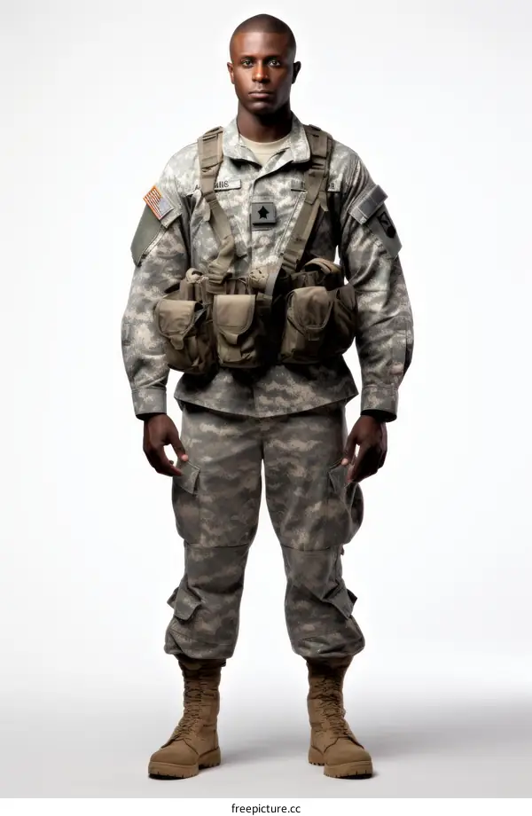 A soldier wearing a military uniform and a bulletproof vest