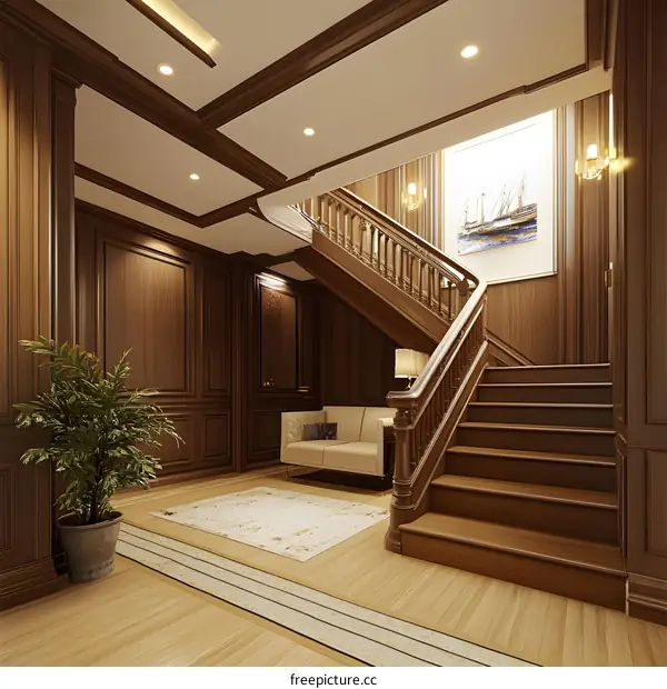 Luxury Home Interior Design with Wooden Staircase and Wall Paneling