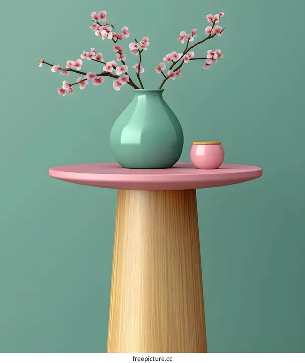 Pink Tabletop with Vase of Cherry Blossoms