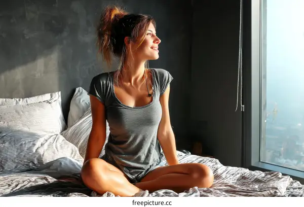 Woman Relaxing on Bed with City View