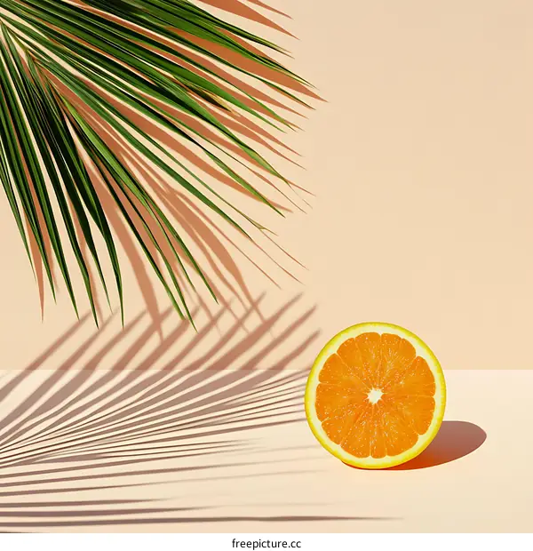 Palm Leaf and Orange Slice Minimalist Photography Background