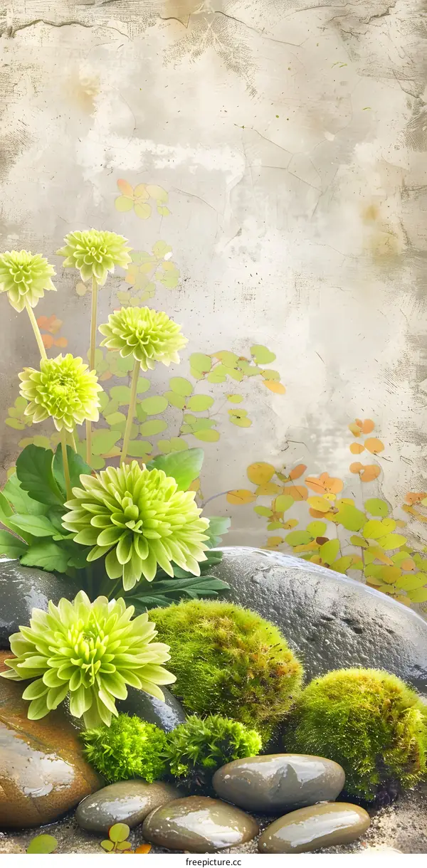 Green Flowers Stones and Moss on a  Vintage Background