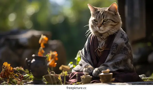 Zen Cat in a Kimono Garden