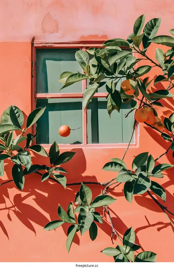 Green Leaves and Orange Fruit Growing on Tree Branch in Front of Pink Wall with Window