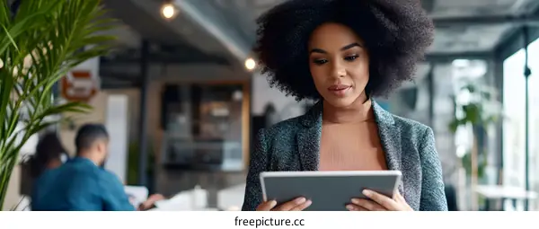 African American Woman Working on a Tablet in a Modern Office