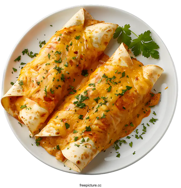[Transparent Background PNG]Two cheese enchiladas with parsley on a white plate