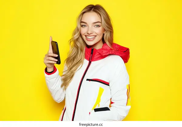 Young Woman Showing Smartphone Against Yellow Background