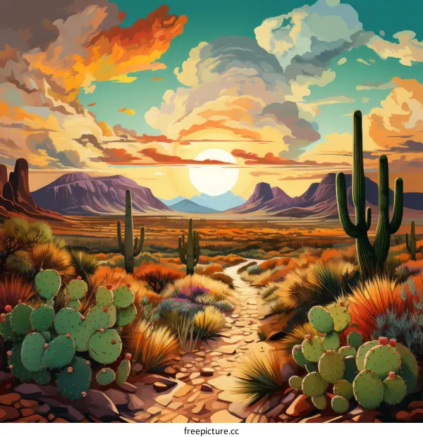 Desert landscape with cacti and mountains at sunset