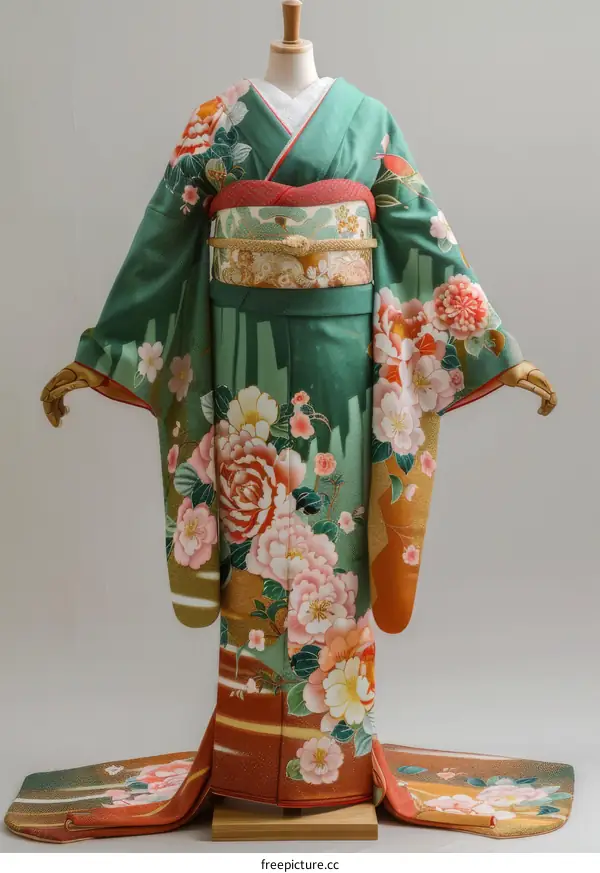 A woman wearing a green kimono with floral patterns.