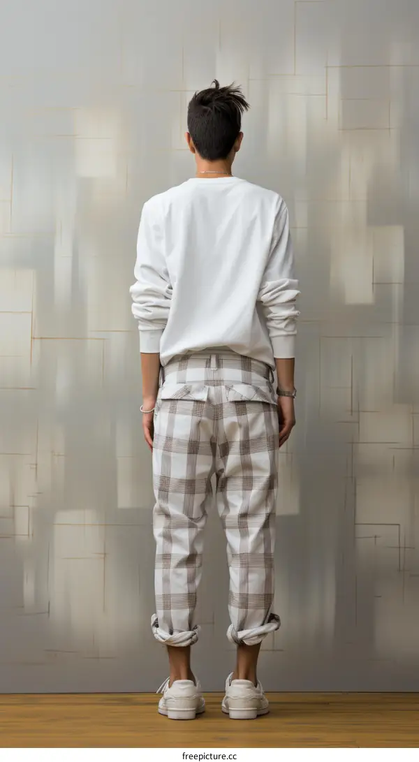 Asian man wearing white sweatshirt and brown checkered pants