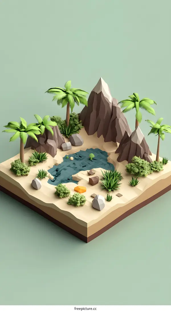 Low Poly Mountain Landscape with Palm Trees