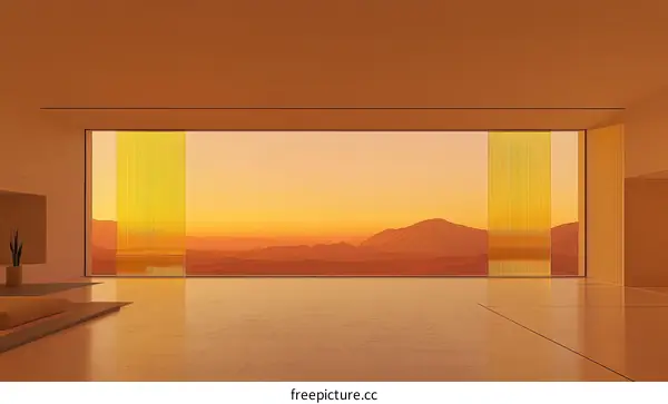 Modern Minimalist Interior with Panoramic Sunset View
