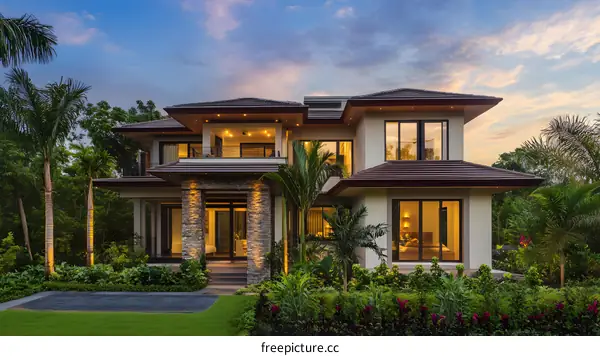 Modern Tropical Home with Palm Trees and Sunset Sky