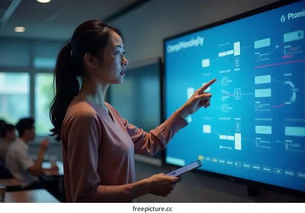 Woman Presenting Data on Interactive Display