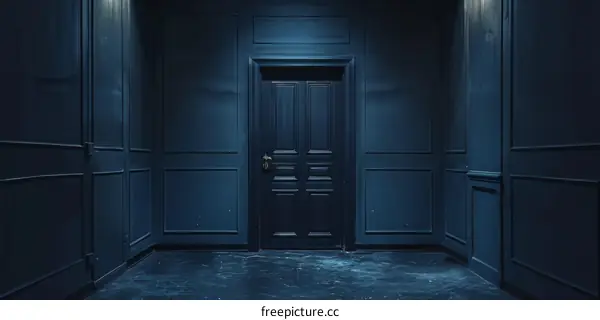 Dark Blue Room with Closed Wooden Door