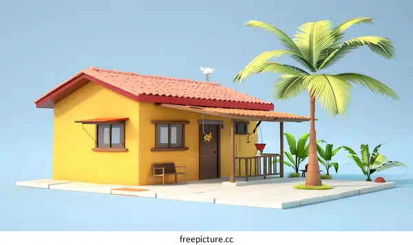 Yellow House with Palm Tree in Cartoon Style