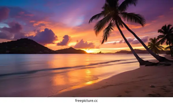 Palm trees on a tropical beach with a beautiful sunset sky