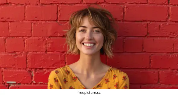 A young woman with short brown hair smiles in front of a red brick wall
