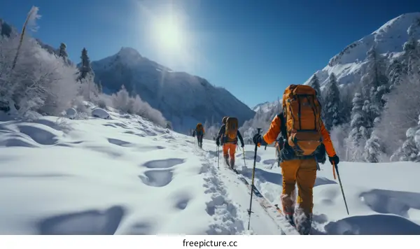 Four people snowshoeing in the mountains