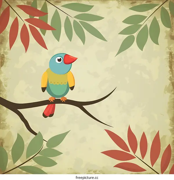 Vintage Bird Illustration with Leaves on a Branch