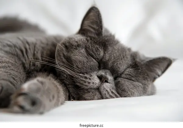 A gray cat is sleeping on a white bed