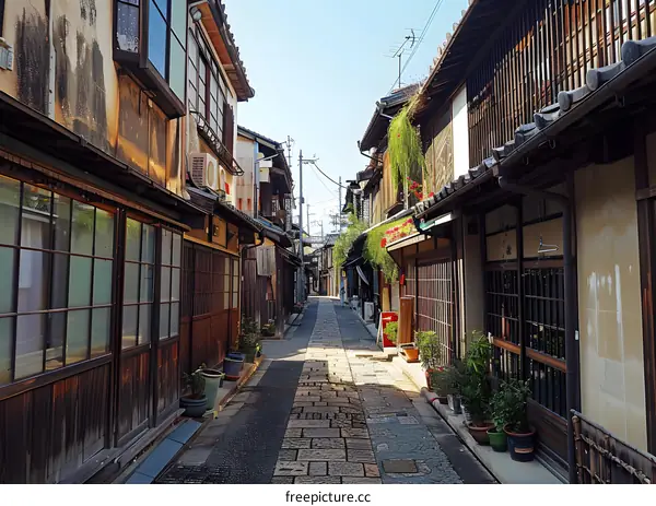 Kyoto alley with traditional wooden houses