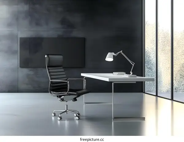 Modern Office Desk with Black Leather Chair and Lamp