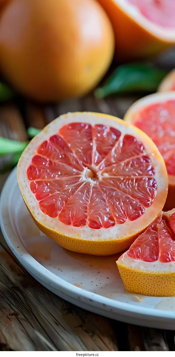 Freshly Sliced Grapefruit on a White Plate