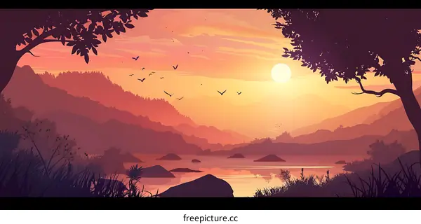 Beautiful Sunset Mountain Landscape Illustration