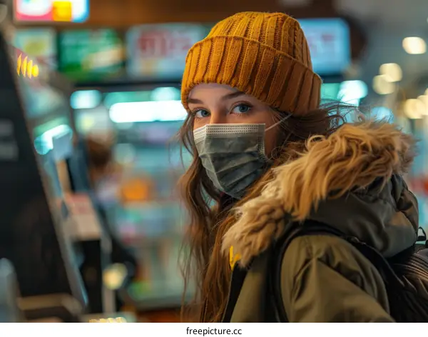 Young woman wearing a mask in a public place